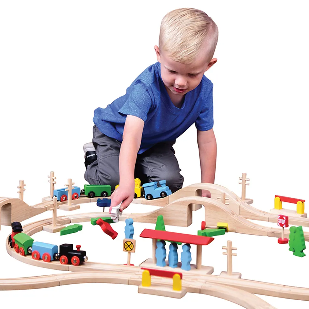 55-Piece Magnetic Wooden Train Set with Tracks, Bridges & Accessories | Classic BlockPlayset