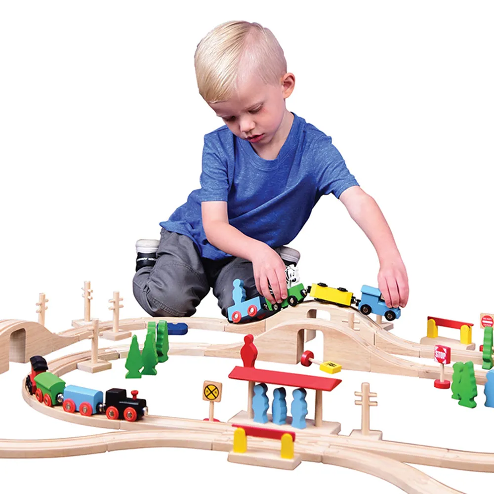 55-Piece Magnetic Wooden Train Set with Tracks, Bridges & Accessories | Classic BlockPlayset