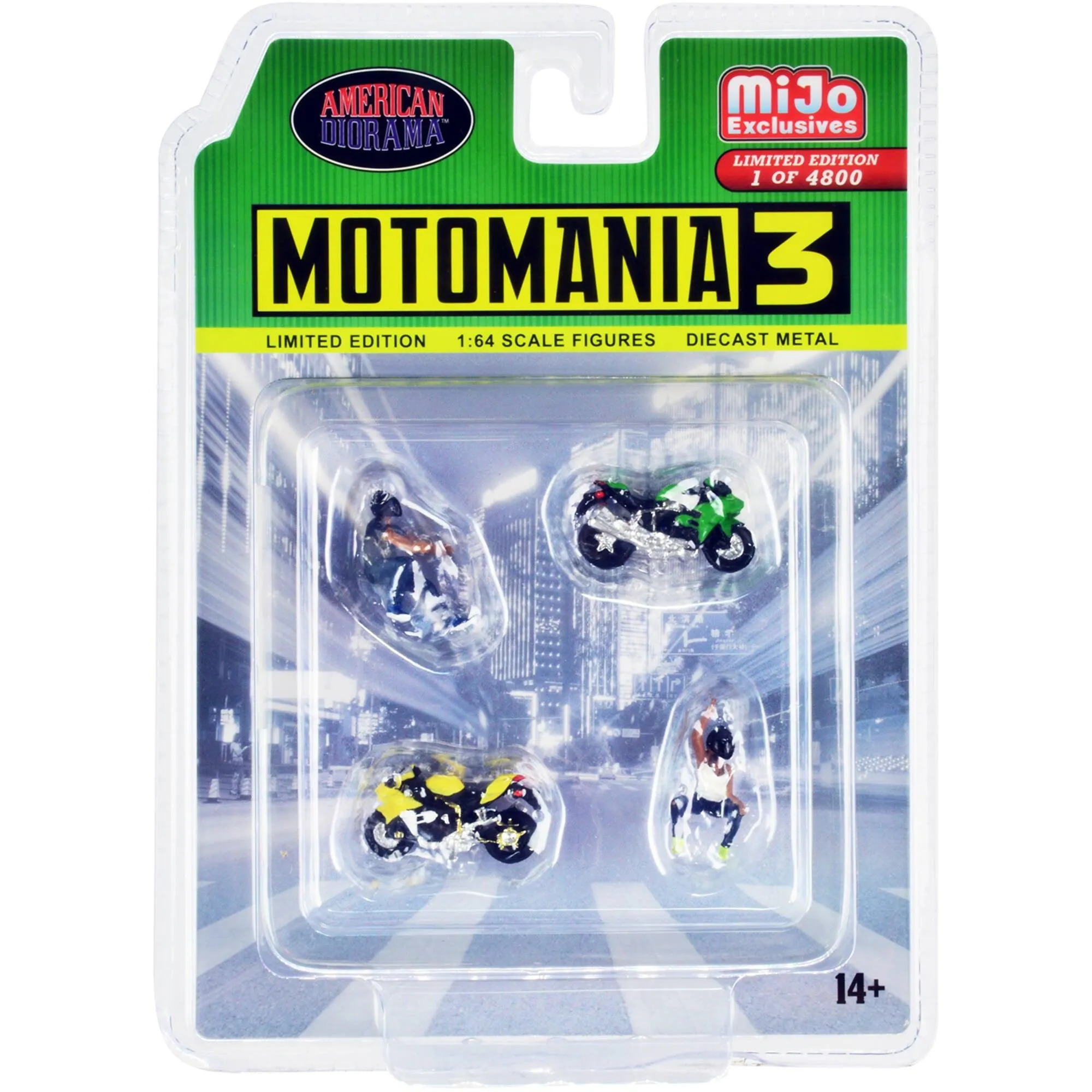 American Diorama 1/64 Scale Set - Motomania 3 (2 Figures and 2 Motorcycles), 4 pc