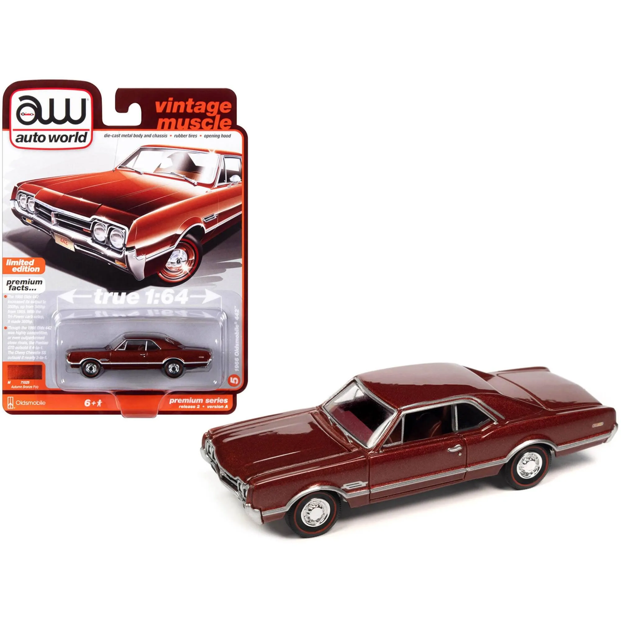 Auto World 1/64 Diecast Car - 1966 Oldsmobile 442 Autumn Bronze Metallic, Red Interior