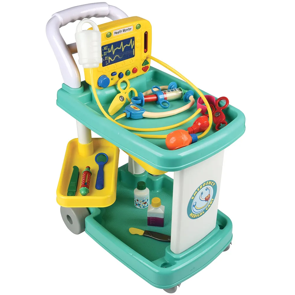 Emergency Medical Play Cart with 11 Accessories and Swiveling Storage Shelves