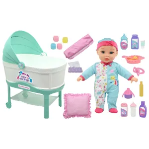 Little Darlings 12-Inch Bassinet Baby Doll Set - Teal, Pink, Stars