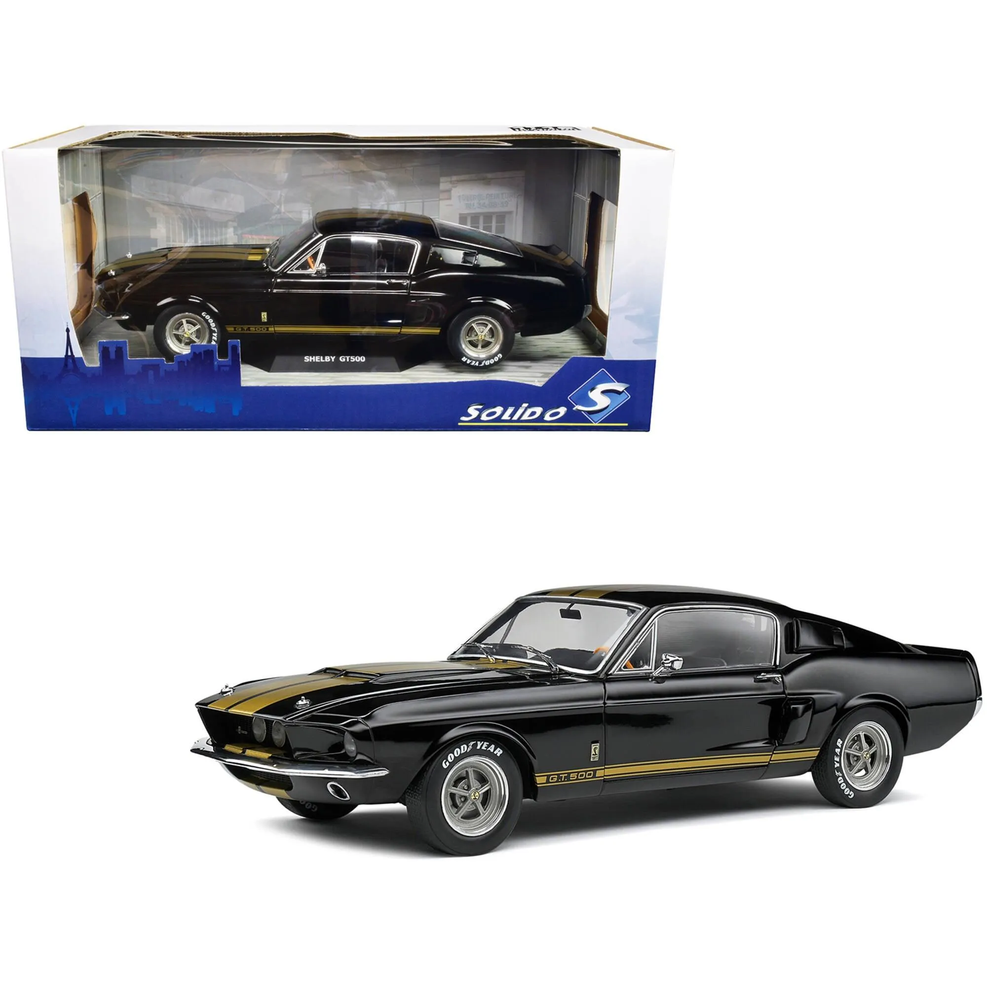 Solido 1/18 Diecast Model Car - 1967 Shelby GT500 Black with Gold Stripes