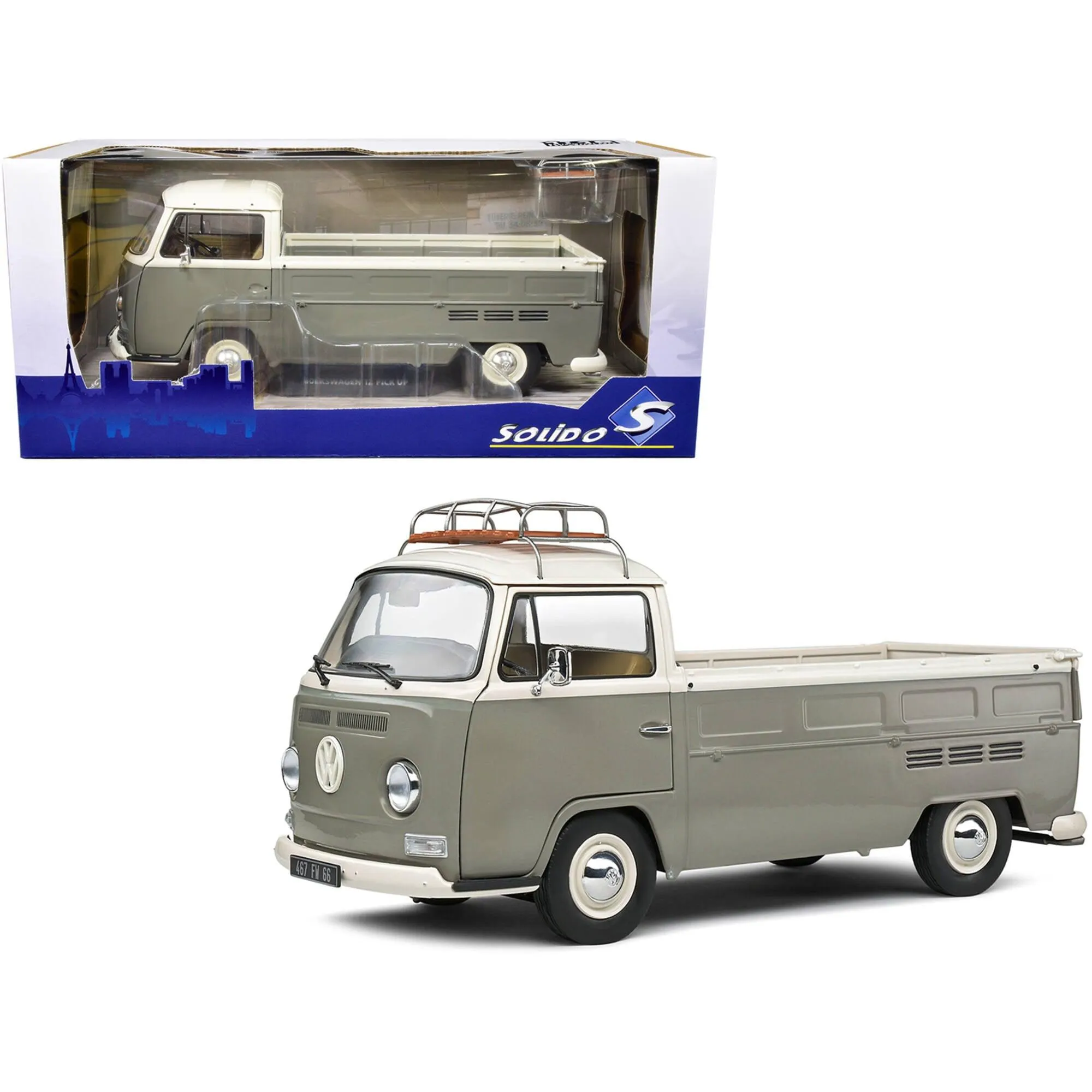 Solido 1/18 Model Pickup Truck - 1968 Volkswagen T2 Gray and White with Roofrack