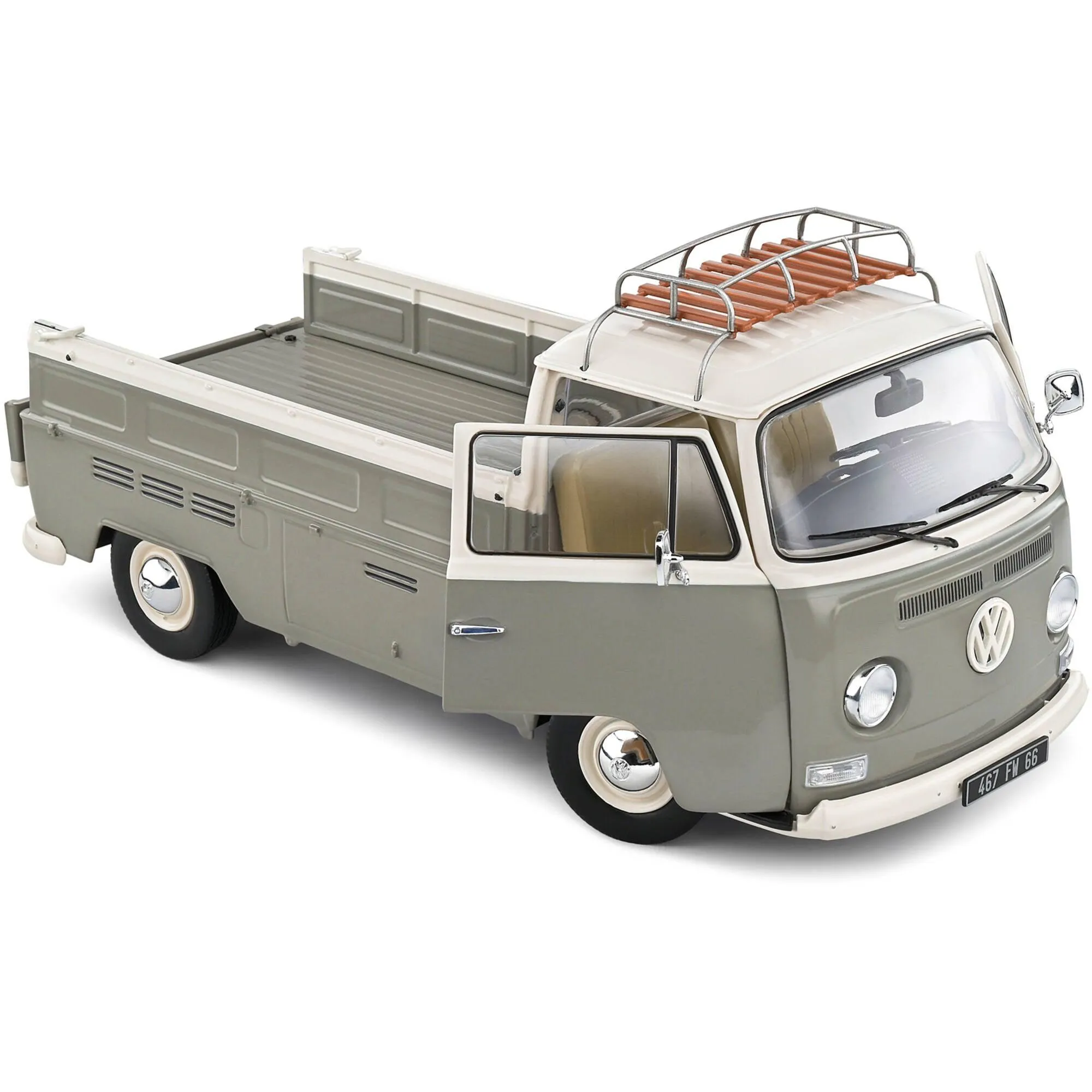 Solido 1/18 Model Pickup Truck - 1968 Volkswagen T2 Gray and White with Roofrack
